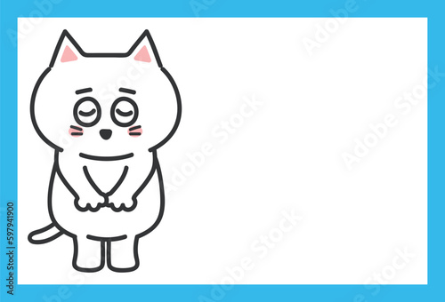White cartoon cat apologizes for something or someone, vector illustration with copy space.