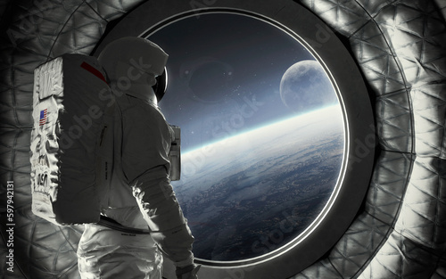 An astronaut stands at the huge window of a spaceship and looks at Earth and moon. 5K realistic science fiction art. Elements of image provided by Nasa
