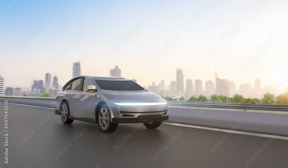 Ev car or electric vehicle drive in town with cityscape background