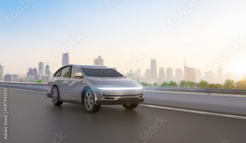 Ev car or electric vehicle drive in town with cityscape background © phonlamaiphoto
