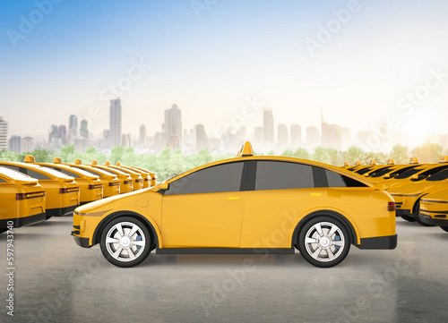 Yellow ev taxis or electric vehicle in city © phonlamaiphoto