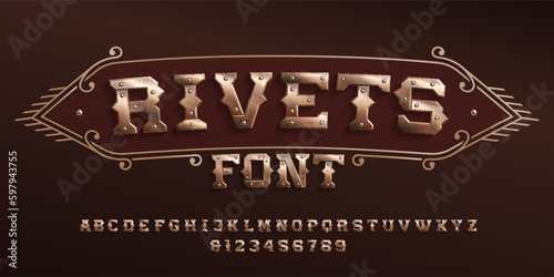Rivets alphabet font. Riveted vintage letters and numbers in steampunk style. Stock vector typescript for your design.