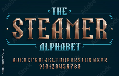 Steamer alphabet font. Riveted geometric letters and numbers in steampunk style. Stock vector typescript for your design.