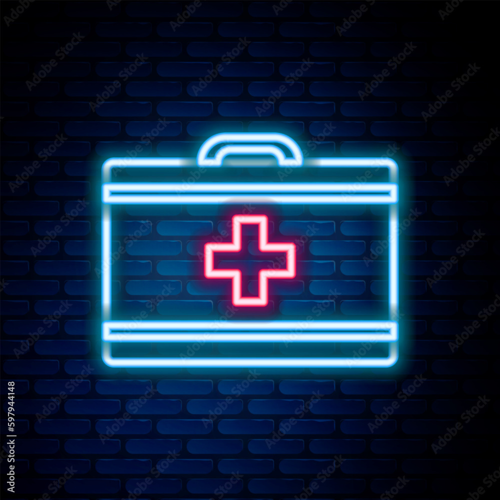Glowing neon line First aid kit icon isolated on brick wall background. Medical box with cross. Medical equipment for emergency. Healthcare concept. Colorful outline concept. Vector Glowing neon line First aid kit icon isolated on brick wall background. Medical box with cross. Medical equipment for emergency. Healthcare concept. Colorful outline concept. Vector