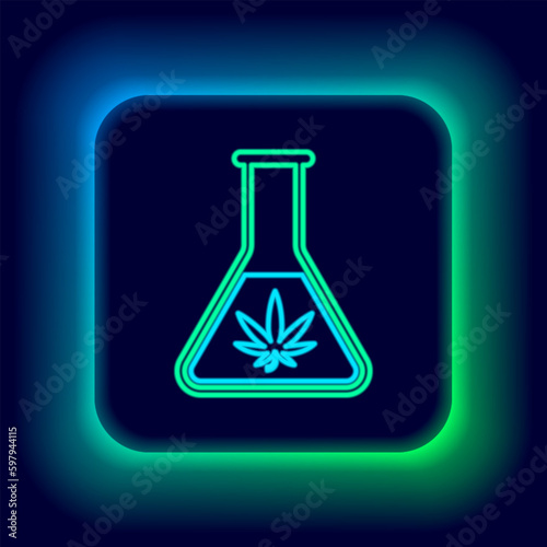 Glowing neon line Chemical test tube with marijuana or cannabis leaf icon isolated on black background. Research concept. Laboratory CBD oil concept. Colorful outline concept. Vector