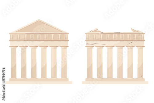  Greek temple, architecture. Vector illustration of a Greek building whole and destroyed on a white background.