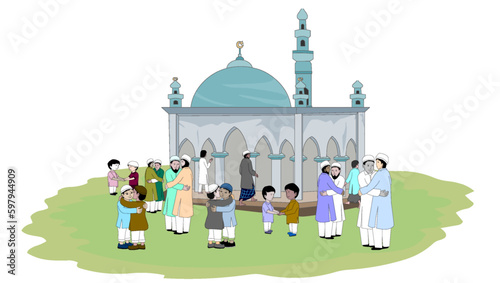 After the Eid prayers in the mosque the Muslims are doing embrace