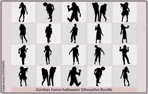 Zombie silhouettes set Zombie Hand Silhouette. Clip Art Design Vector. Halloween Scary Grave. Arm Monster Dead Zombie standing and walking actions in Silhouette