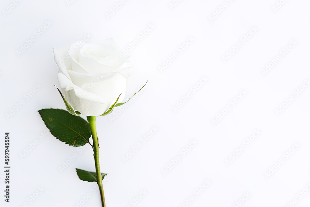 Obraz premium Beautiful white rose on white background with copy space. Created with Generative AI Technology