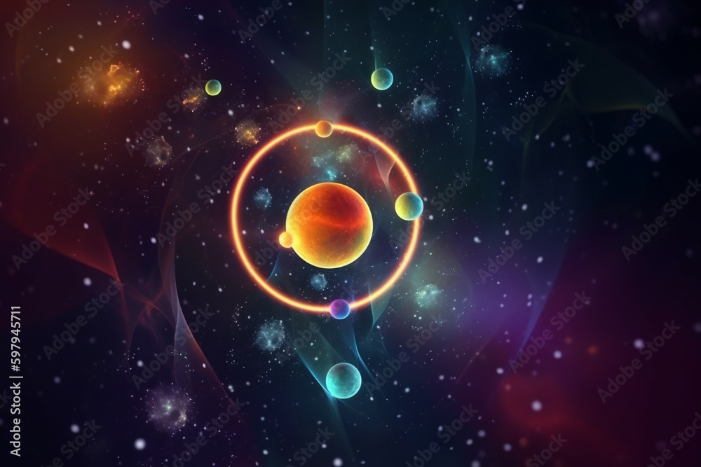 State of mind concept. Transcendental chakras space universe abstract background. Cosmic background with chakras, rings, galaxies and planets. Generative AI