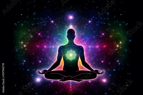 State of mind concept. Transcendental chakras space meditation human silhouette. Cosmic background. Generative AI