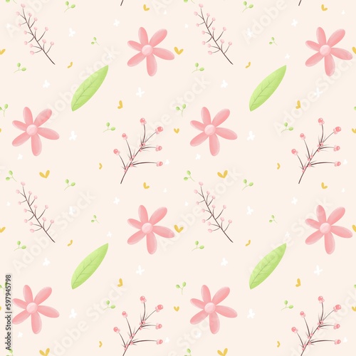 Floral seamless pattern. Pink flower and green leaf