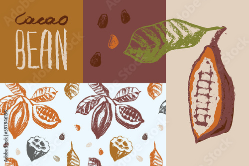 Vector floral seamless pattern with cocoa bean hand-drawn illustrations. Cacao beans wallpaper for chocolate packaging design, cocoa powder label, organic cacao butter backdrop. Cocoa plant ornament.