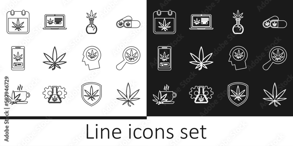 Set line Marijuana or cannabis leaf, Magnifying glass and marijuana, Test tube with, Online buying, Calendar, Head profile and icon. Vector