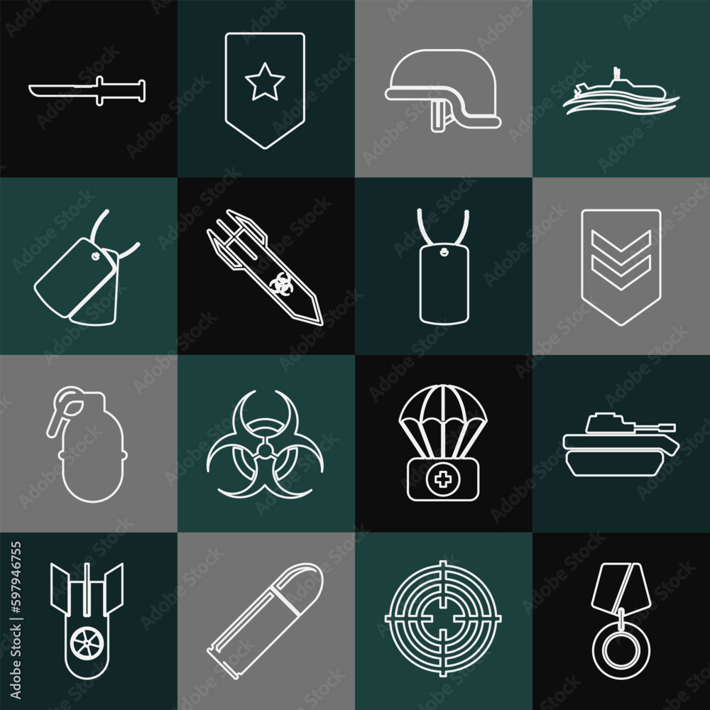 Set line Military reward medal, tank, Chevron, helmet, Biohazard rocket, dog tags, knife and icon. Vector Set line Military reward medal, tank, Chevron, helmet, Biohazard rocket, dog tags, knife and icon. Vector