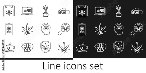 Set line Marijuana or cannabis leaf  Magnifying glass and marijuana  Test tube with  Online buying  Calendar  Head profile and icon. Vector