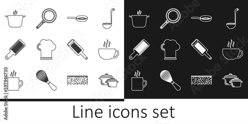 Set line Cooking pot, Coffee cup, Frying pan, Chef hat, Grater, and icon. Vector