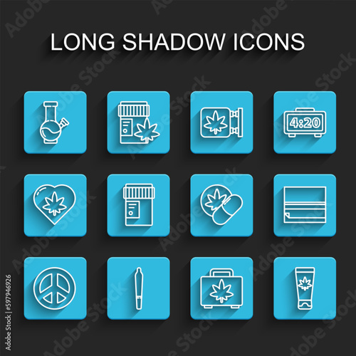 Set line Peace, Marijuana joint, Glass bong for smoking marijuana, Shopping box of, Medical cream with, bottle cannabis, Rolling paper and Herbal ecstasy tablets icon. Vector