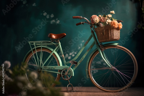 Bicycle With Beautiful Flower Basket on vintage background. Generative Ai.