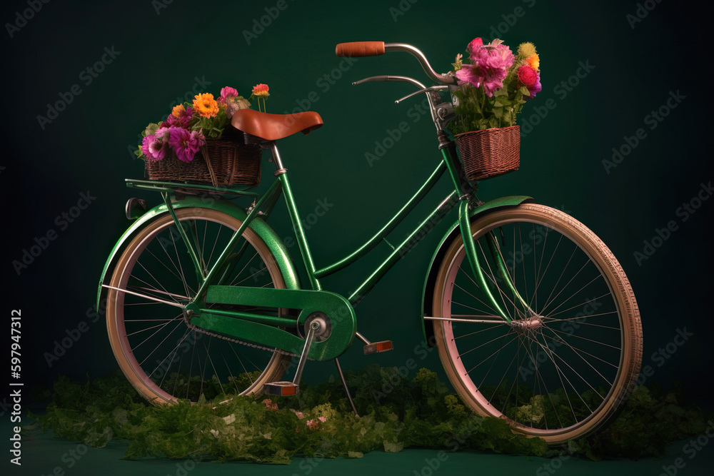 Bicycle With Beautiful Flower Basket on vintage background. Generative Ai.