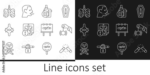 Set line Broken cigarette, Hypnosis, No electronic, Disease lungs, Joint pain, knee pain, smoking and Man coughing icon. Vector