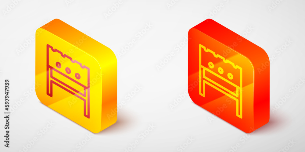 Isometric line BBQ brazier icon isolated on grey background. Yellow and orange square button. Vector