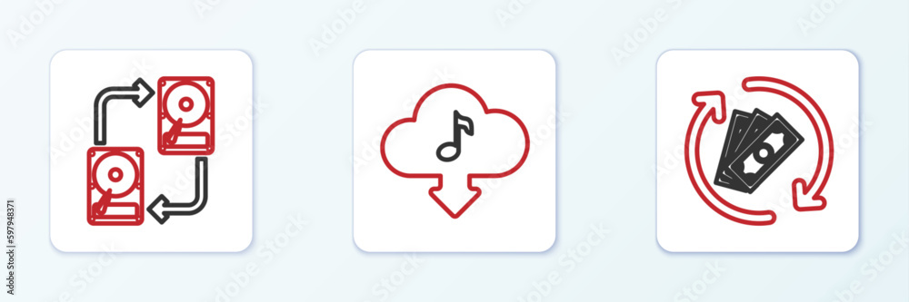 Set line Refund money, Data exchange with hhd and Cloud download music icon. Vector