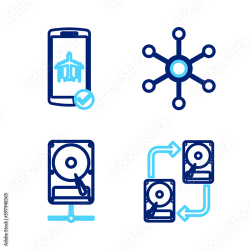 Set line Data exchange with hhd, Hard disk drive on sharing network, Network and Flight mode the mobile icon. Vector