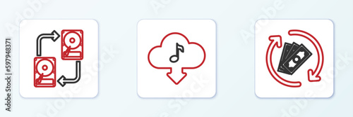 Set line Refund money, Data exchange with hhd and Cloud download music icon. Vector