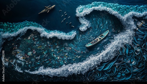 ocean pollution with plastic very detailed 2D overfishing and waste generative ai design illustration © Botisz