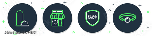 Set line Sex shop building, Shield with 18 plus, Condoms safe sex and Silicone ball gag icon. Vector