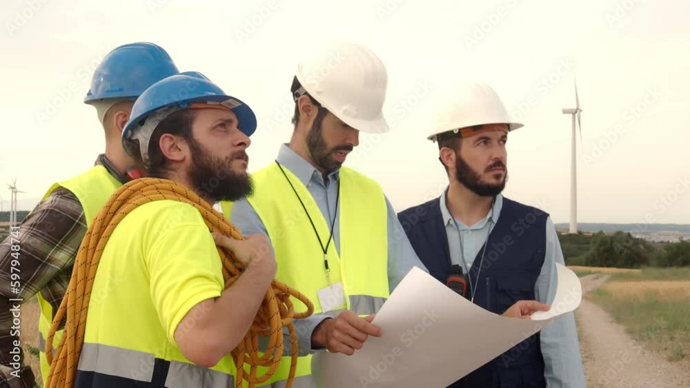 Group of male engineers and workers looking at blueprints in a field of windmills Group of male engineers and workers looking at blueprints in a field of windmills