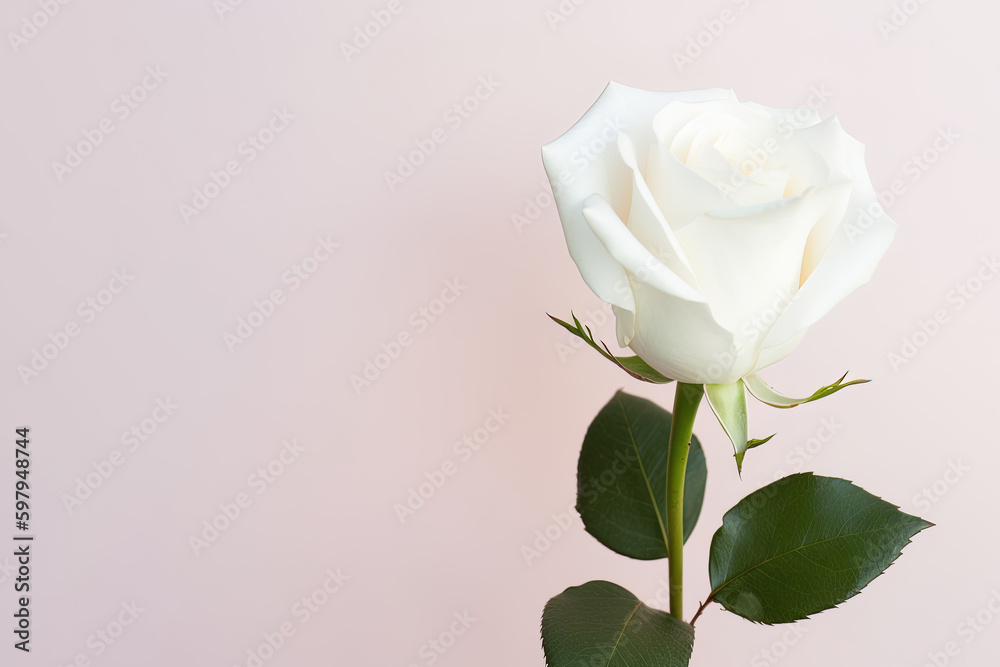 Beautiful white rose on pink background with copy space. Created with Generative AI Technology