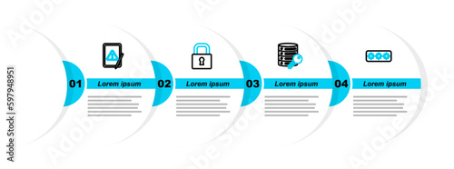 Set line Password protection, Server security with key, Lock and Tablet exclamation mark icon. Vector