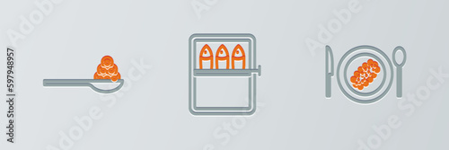 Set line Served cucumber on a plate, Caviar spoon and Canned fish icon. Vector