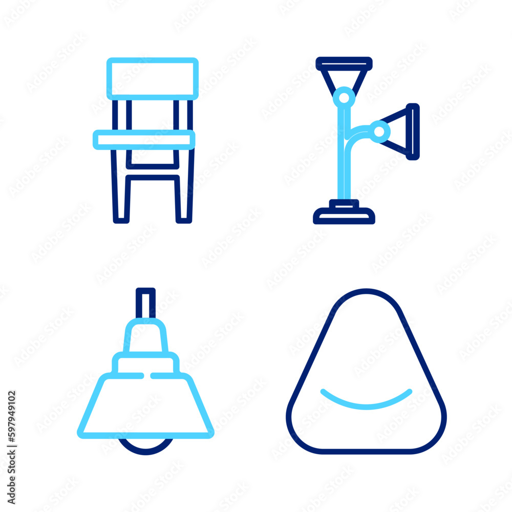 Set line Pouf, Chandelier, Floor lamp and Chair icon. Vector Set line Pouf, Chandelier, Floor lamp and Chair icon. Vector