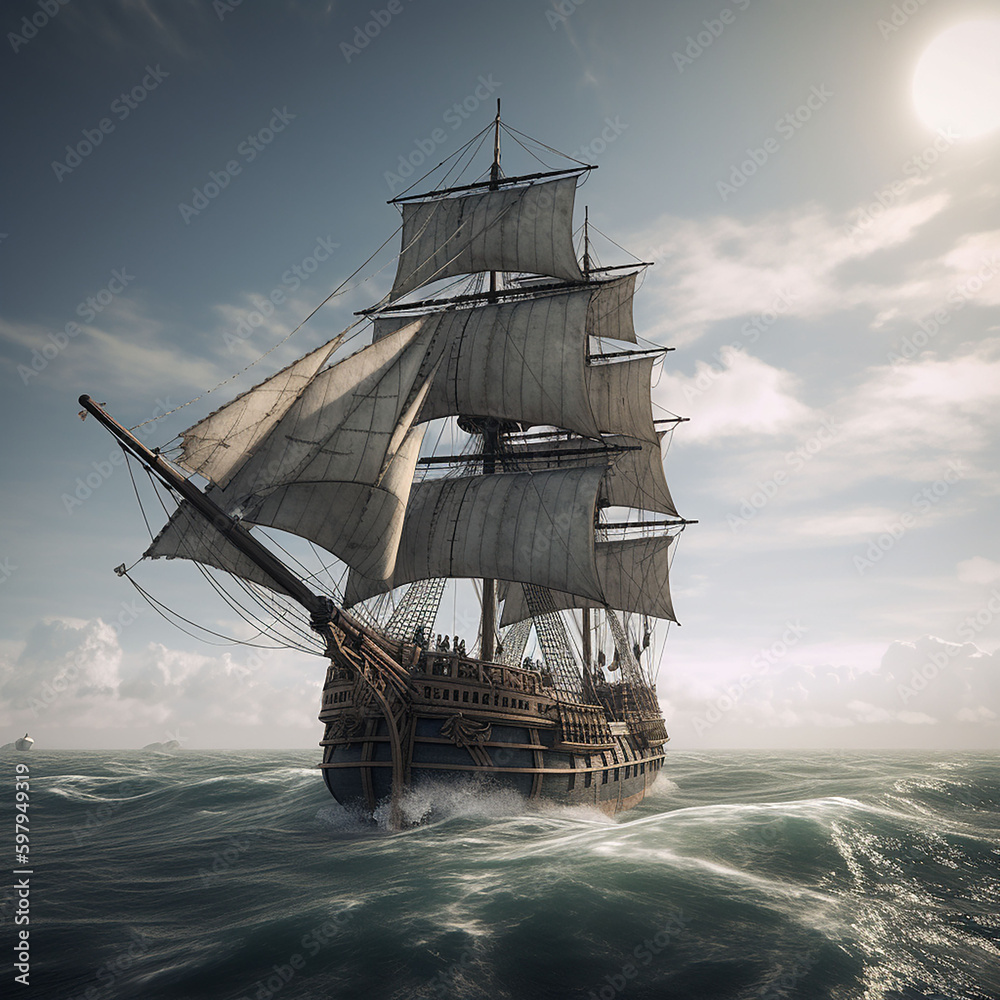 A series of illustrations depicting a sailing fleet in retro style. Sailing ship in the sea. 3D render. Vintage style.  Generative AI