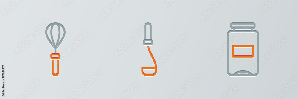 Set line Jam jar, Kitchen whisk and ladle icon. Vector Set line Jam jar, Kitchen whisk and ladle icon. Vector