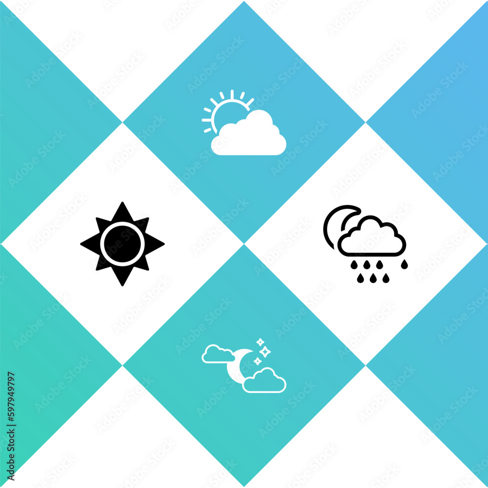 Set Sun, Cloud with moon and stars, cloud weather and rain icon. Vector