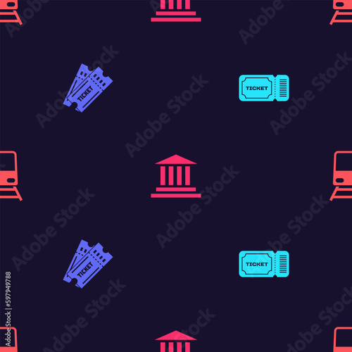 Set Ticket, , Museum building and Train on seamless pattern. Vector