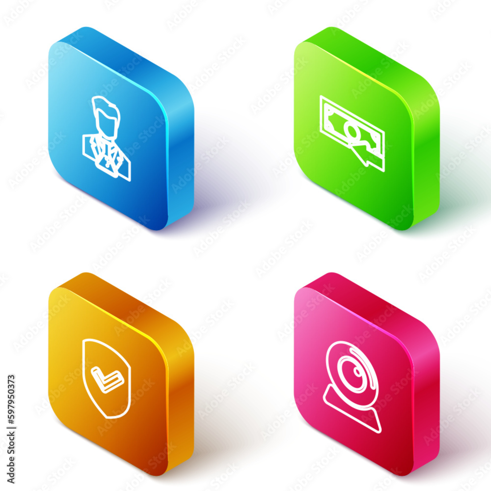 Set Isometric line Scientist and test tube, Cash back, Shield with check mark and Web camera icon. Vector Set Isometric line Scientist and test tube, Cash back, Shield with check mark and Web camera icon. Vector