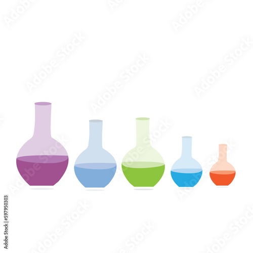 Colorful liquid filled round bottom flasks arranged in size order, colorful liquids, presented against a white background.