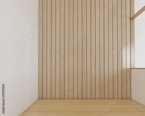 Modern japan style empty room decorated with white wall and wood slat wall. 3d rendering © Phongphan