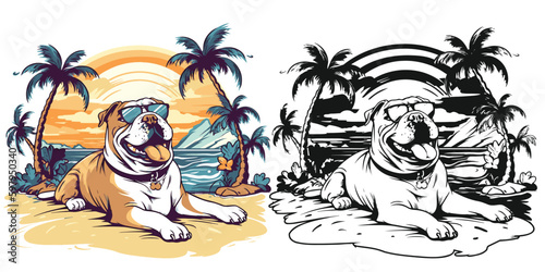 A cute bulldog lounging on a beach towel under an umbrella.Illustration of T-shirt design graphic.