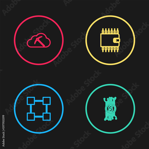 Set line Blockchain technology, Cryptocurrency bitcoin circuit, wallet and cloud mining icon. Vector