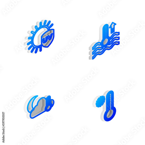 Set Isometric line Water thermometer, UV protection, Thermometer and cloud, moon and Meteorology icon. Vector