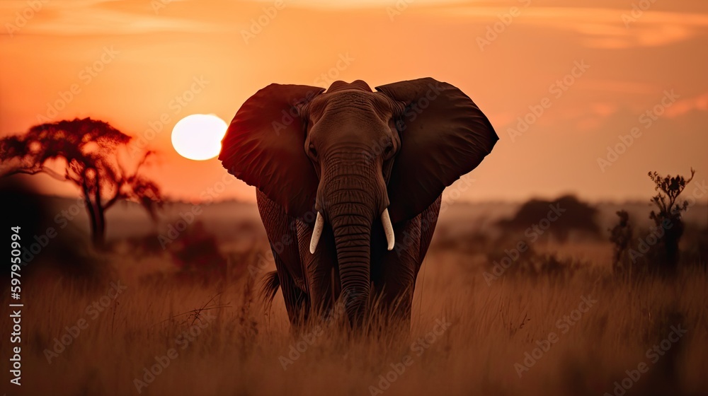 Obraz premium A breathtaking shot of a majestic elephant in the wild, standing tall against the backdrop of a vivid orange and red sunset over the African savannah. generative ai