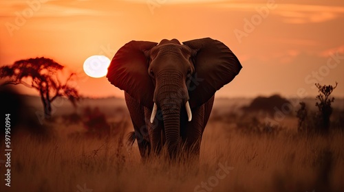 A breathtaking shot of a majestic elephant in the wild, standing tall against the backdrop of a vivid orange and red sunset over the African savannah. generative ai