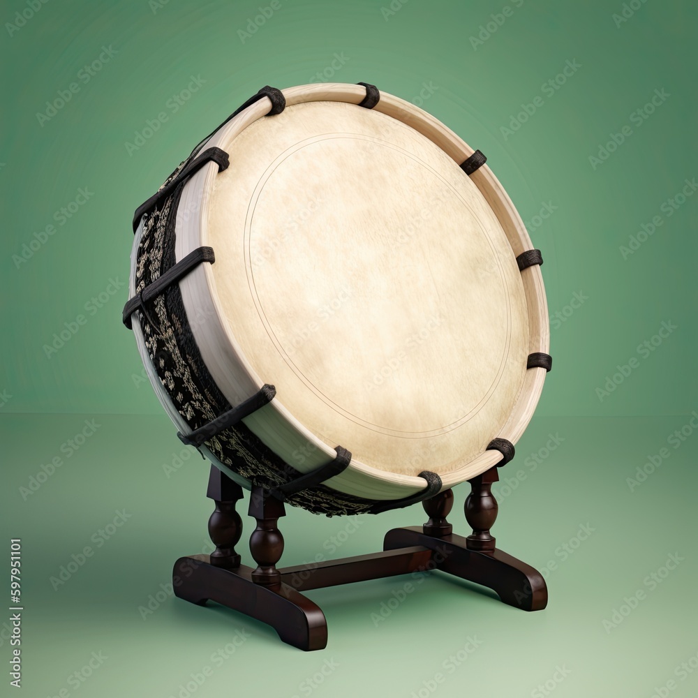A classic Irish bodhran drum with a wooden frame and goat skin head isolated on a light green background. generative ai