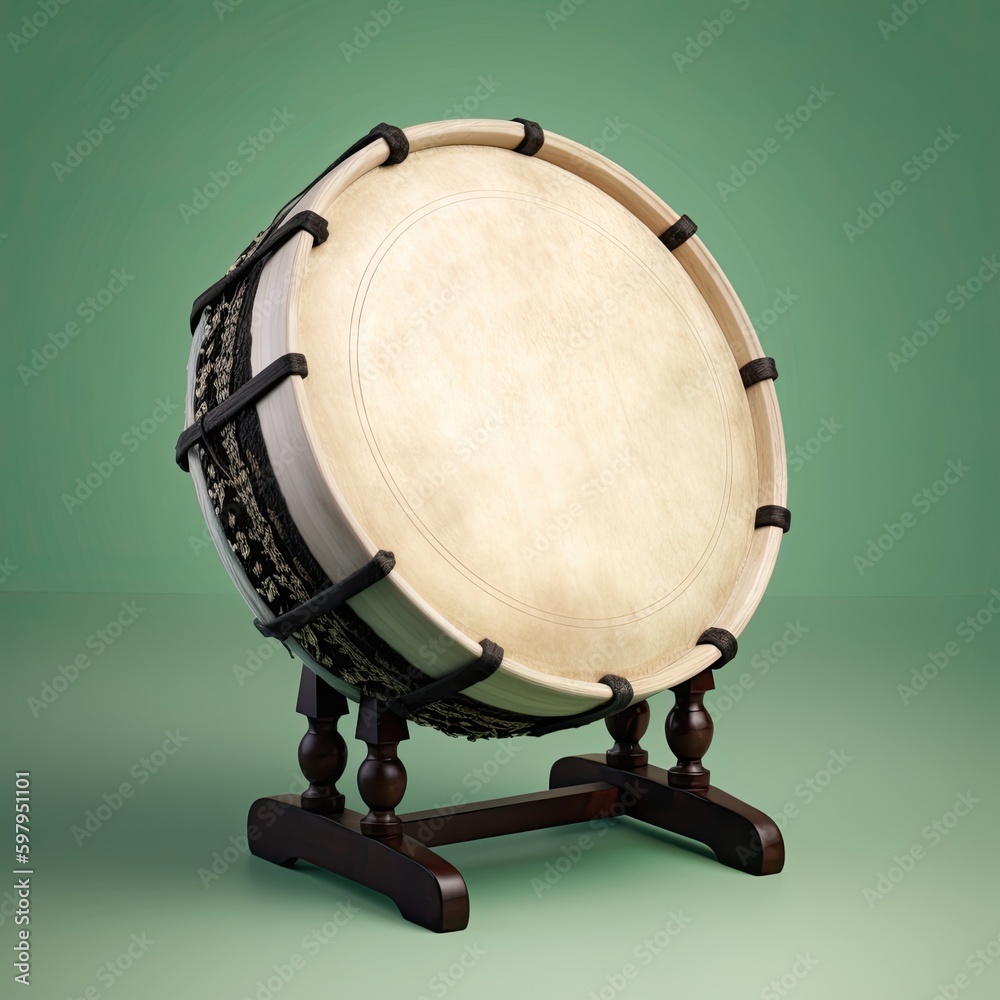 A classic Irish bodhran drum with a wooden frame and goat skin head isolated on a light green background. generative ai A classic Irish bodhran drum with a wooden frame and goat skin head isolated on a light green background. generative ai